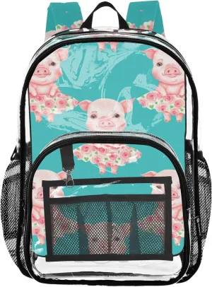 Cute Pig Print Watercolor Clear Backpack for Women Kids Girls Backpack Boys Large Plastic Approved Bag