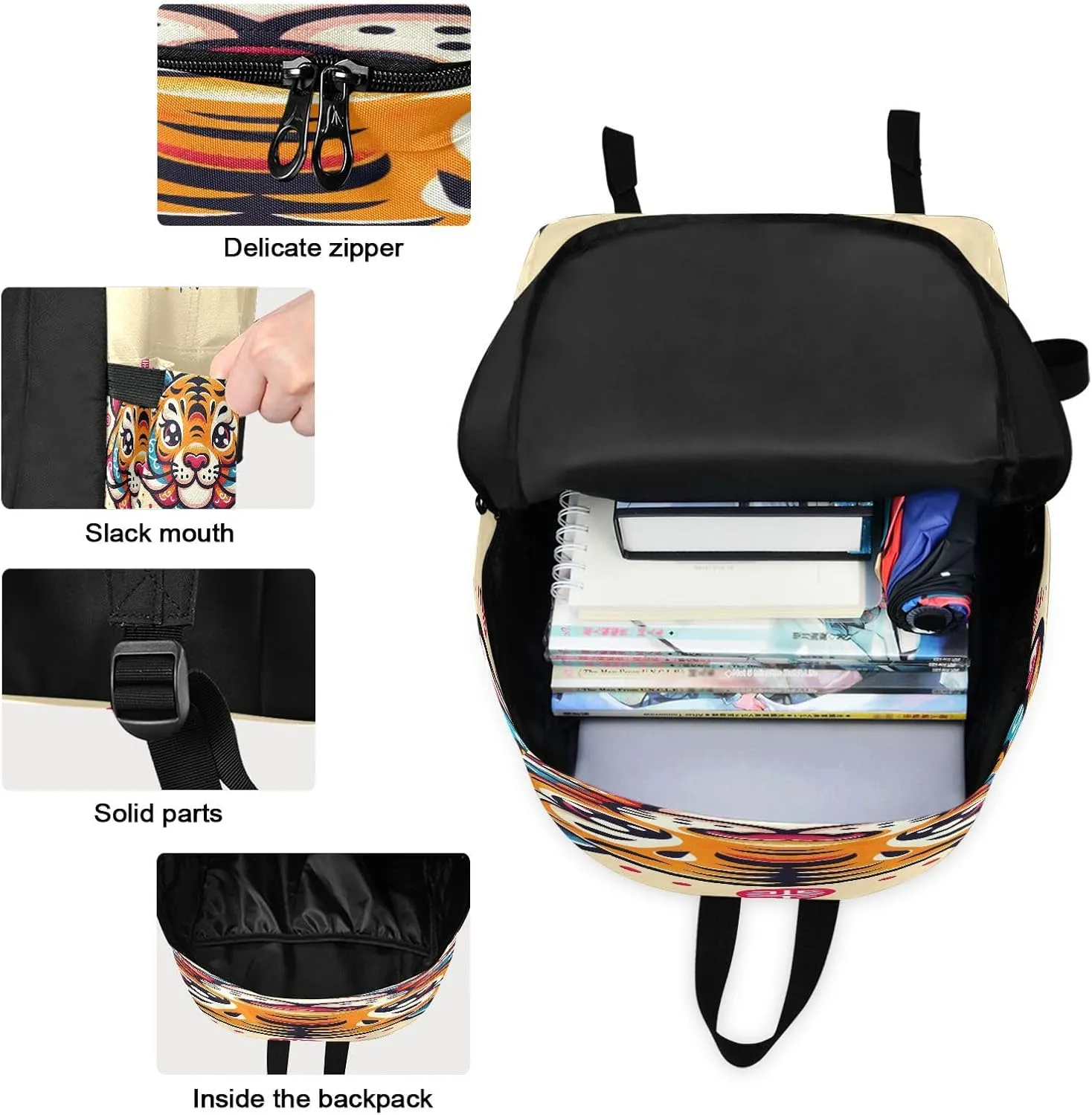Cute Tiger's Head with Text Kids Backpack Lunchbox Insulated Waterproof Lunch Bag, Girl Backpacks Ages 6 8