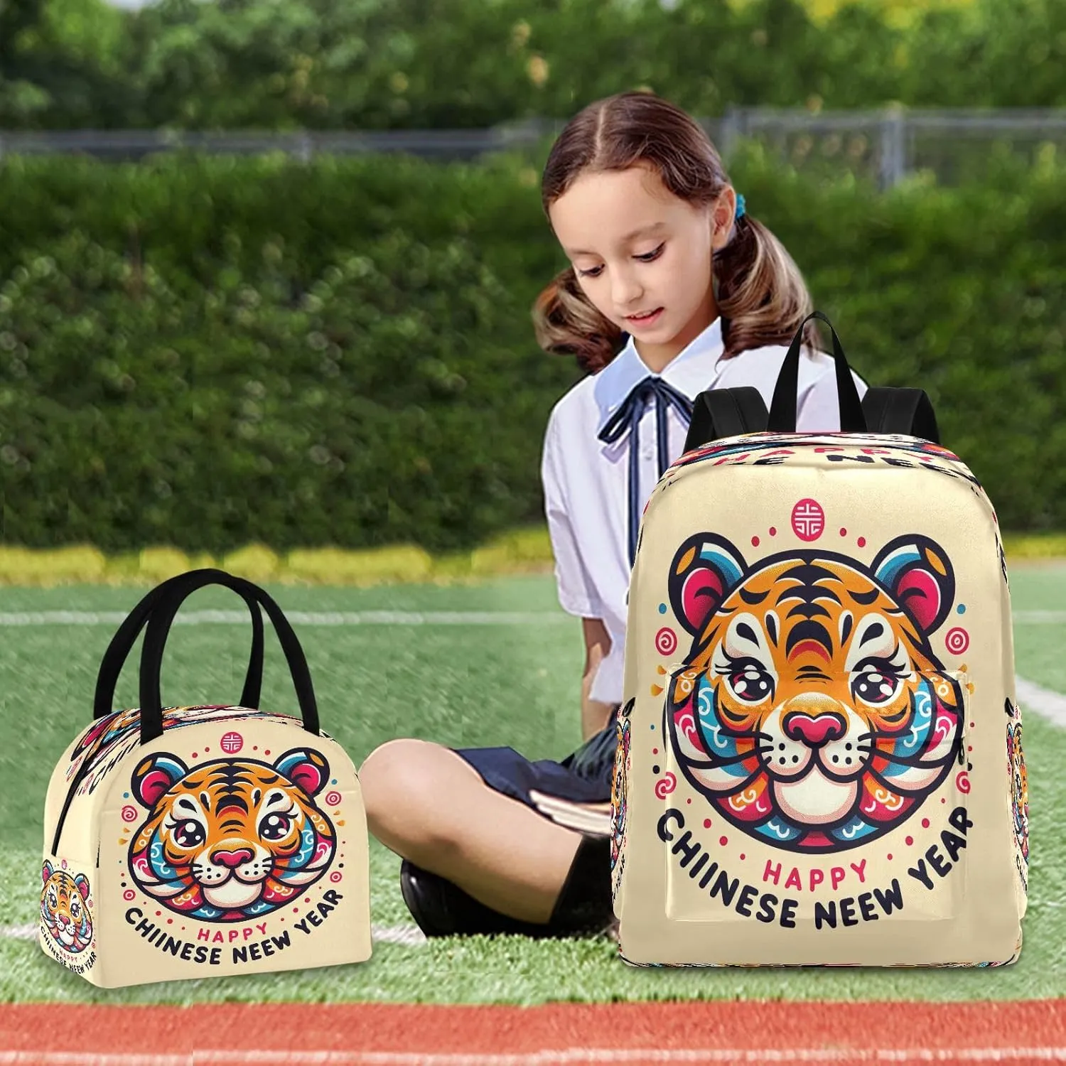 Cute Tiger's Head with Text Kids Backpack Lunchbox Insulated Waterproof Lunch Bag, Girl Backpacks Ages 6 8
