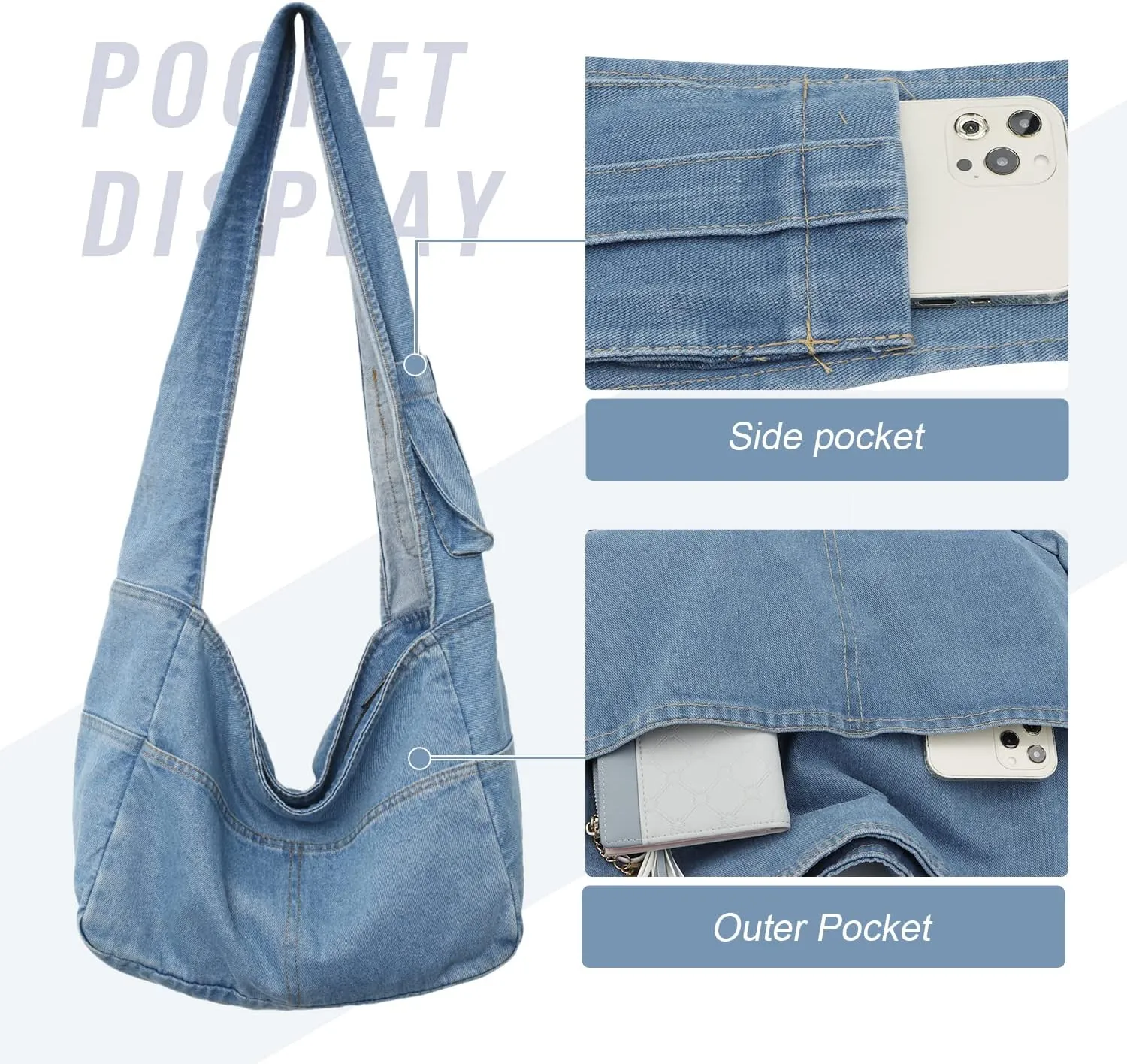 Denim Hobo Bags for Women Retro Jean Shoulder Bag Casual Jean Tote Handbags Vintage Satchel Bags for Teen Girls