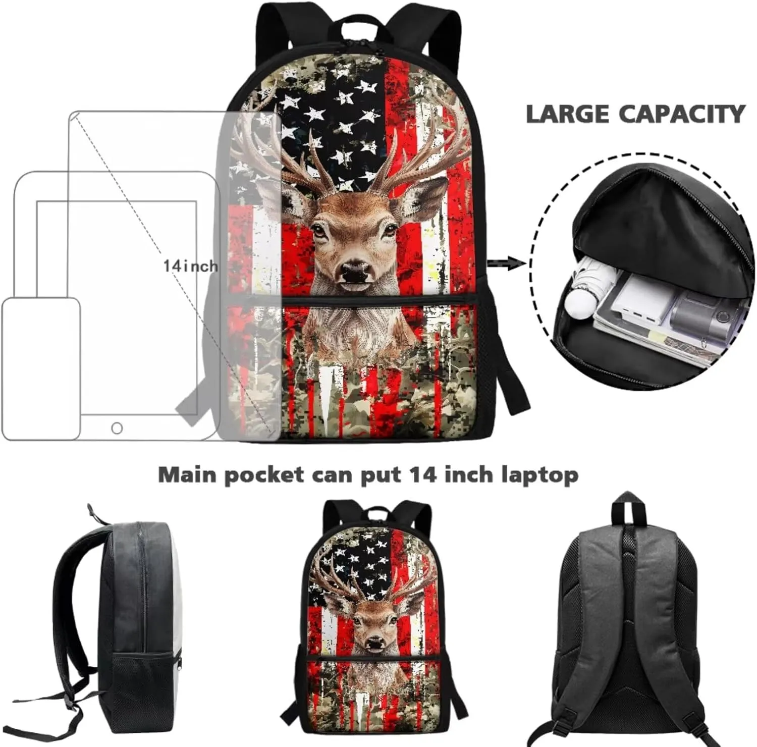 Dolyues Deer with American Flag Boys Backpack Purse Set with Lunch Box Cool School Backpack Boys Large 4pcs Boys School Bookbag Age 10-12 with Pencil Box Water Bottle Back to School Gifts