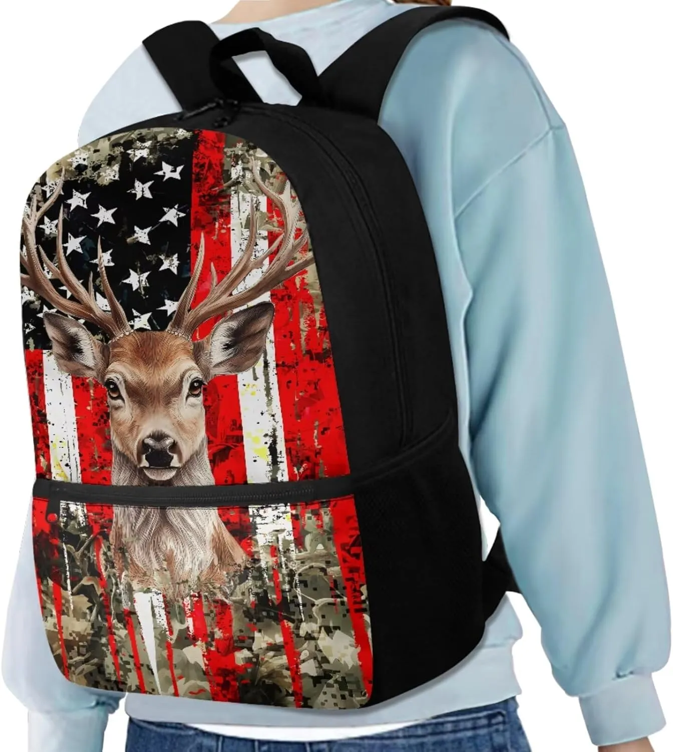 Dolyues Deer with American Flag Boys Backpack Purse Set with Lunch Box Cool School Backpack Boys Large 4pcs Boys School Bookbag Age 10-12 with Pencil Box Water Bottle Back to School Gifts