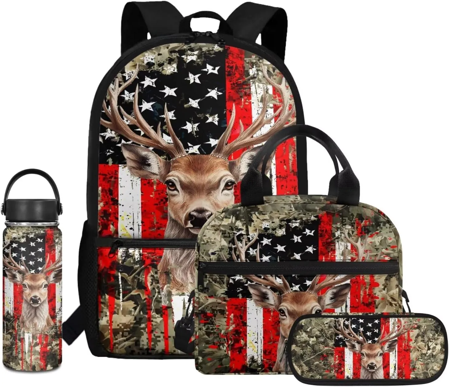Dolyues Deer with American Flag Boys Backpack Purse Set with Lunch Box Cool School Backpack Boys Large 4pcs Boys School Bookbag Age 10-12 with Pencil Box Water Bottle Back to School Gifts