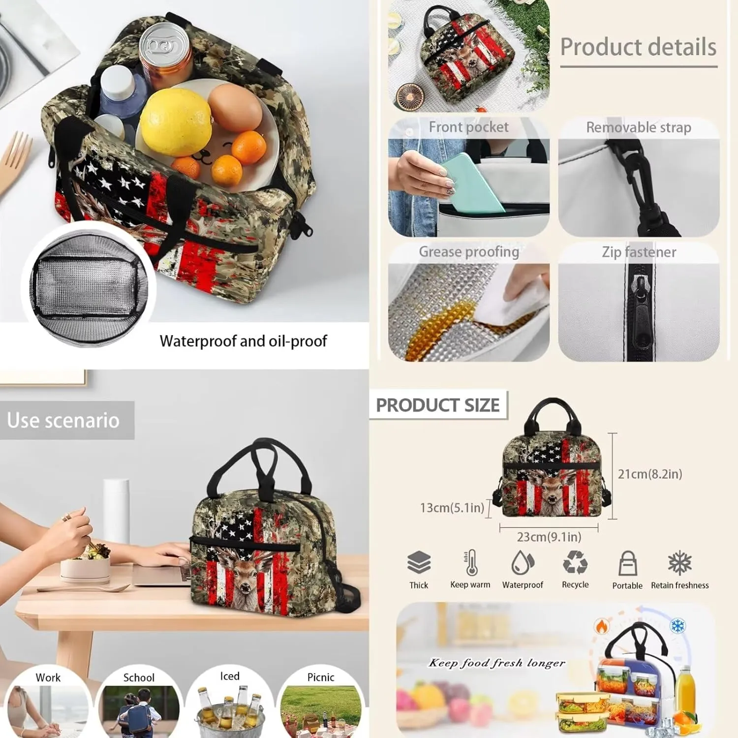 Dolyues Deer with American Flag Boys Backpack Purse Set with Lunch Box Cool School Backpack Boys Large 4pcs Boys School Bookbag Age 10-12 with Pencil Box Water Bottle Back to School Gifts