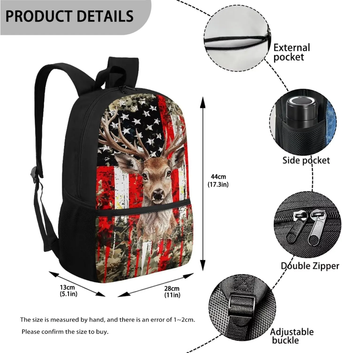 Dolyues Deer with American Flag Boys Backpack Purse Set with Lunch Box Cool School Backpack Boys Large 4pcs Boys School Bookbag Age 10-12 with Pencil Box Water Bottle Back to School Gifts