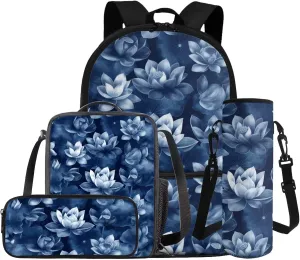 Dolyues Lotus Flower Girls School Bag Set Ages 7-12: 17 Inch Backpack with 3 Accessories (Lunch Tote, Stationery Case, Bottle Sleeve) - Cute Water-Resistant Bookbags for Middle School First Day