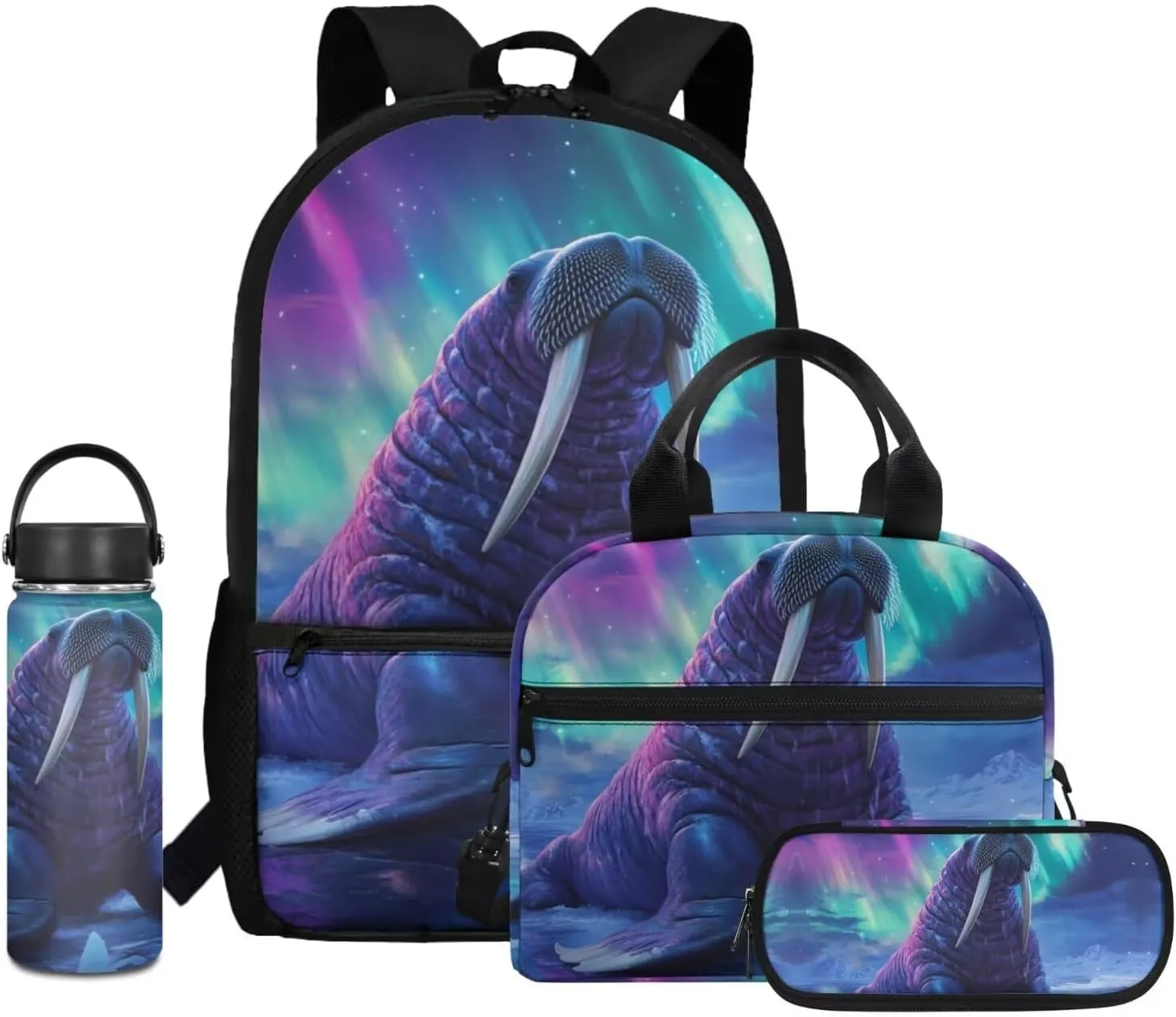Dolyues Walrus Boys Backpack 10-12 Years Old Cool Backpack for School Boys Portable Bookbag for Boys Blue School Bag Set 4 in 1 with Insulate Bottle for Middle School High School