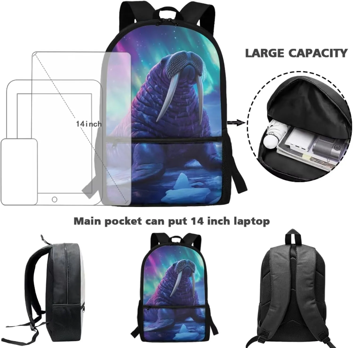 Dolyues Walrus Boys Backpack 10-12 Years Old Cool Backpack for School Boys Portable Bookbag for Boys Blue School Bag Set 4 in 1 with Insulate Bottle for Middle School High School