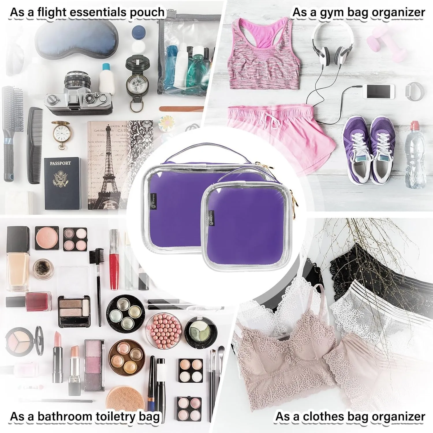 DOMIKING Dark Purple Clear Makeup Bags for Women Men Portable Cosmetic Organizer Pouch Travel Toiletry Storage Bag for Travel Daily Gym