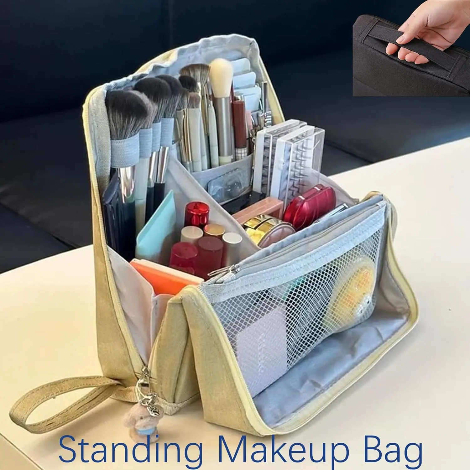 Doresty Makeup Bag, Standing Makeup Bag  Portable, Large Capacity, Waterproof MultiPurpose Stand Up Toiletry Bags with Compartments, Stationery Organizer with Compartments (Black)