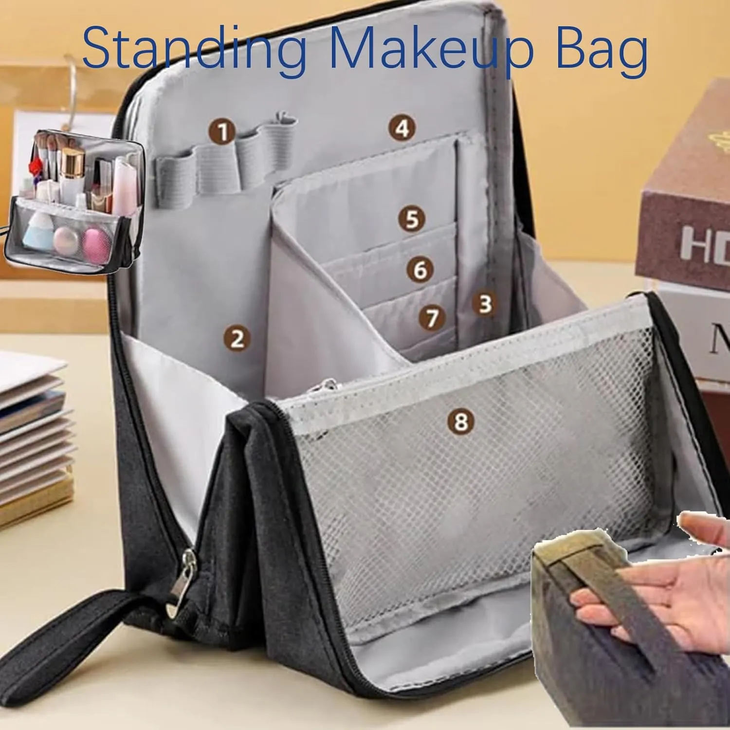Doresty Makeup Bag, Standing Makeup Bag  Portable, Large Capacity, Waterproof MultiPurpose Stand Up Toiletry Bags with Compartments, Stationery Organizer with Compartments (Black)
