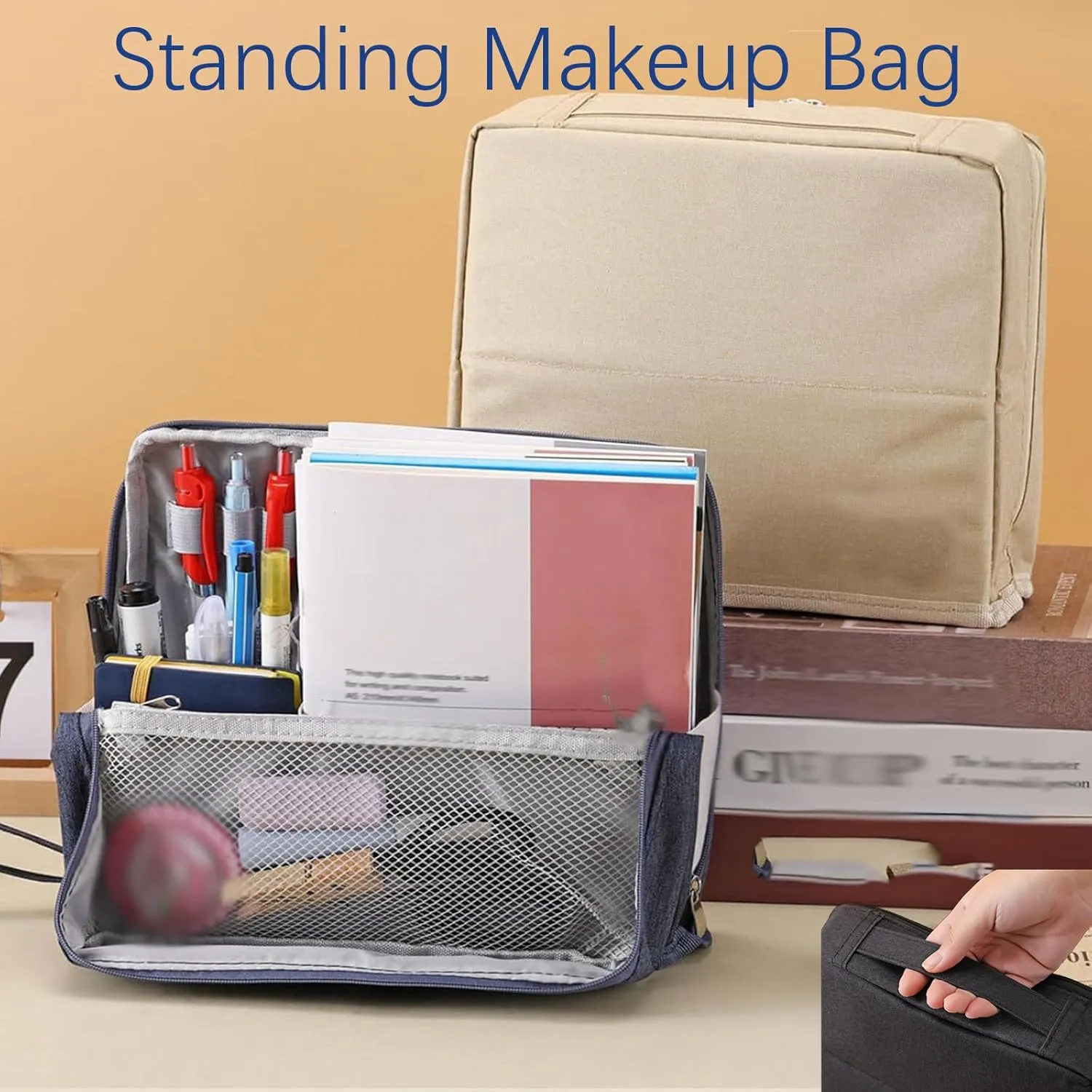 Doresty Makeup Bag, Standing Makeup Bag  Portable, Large Capacity, Waterproof MultiPurpose Stand Up Toiletry Bags with Compartments, Stationery Organizer with Compartments (Black)