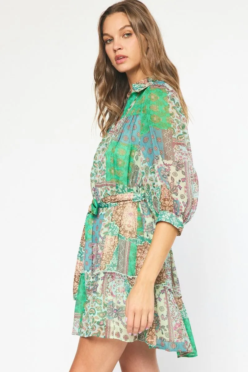 Entro Green Mixed Print Paisley Mini Dress With Belt