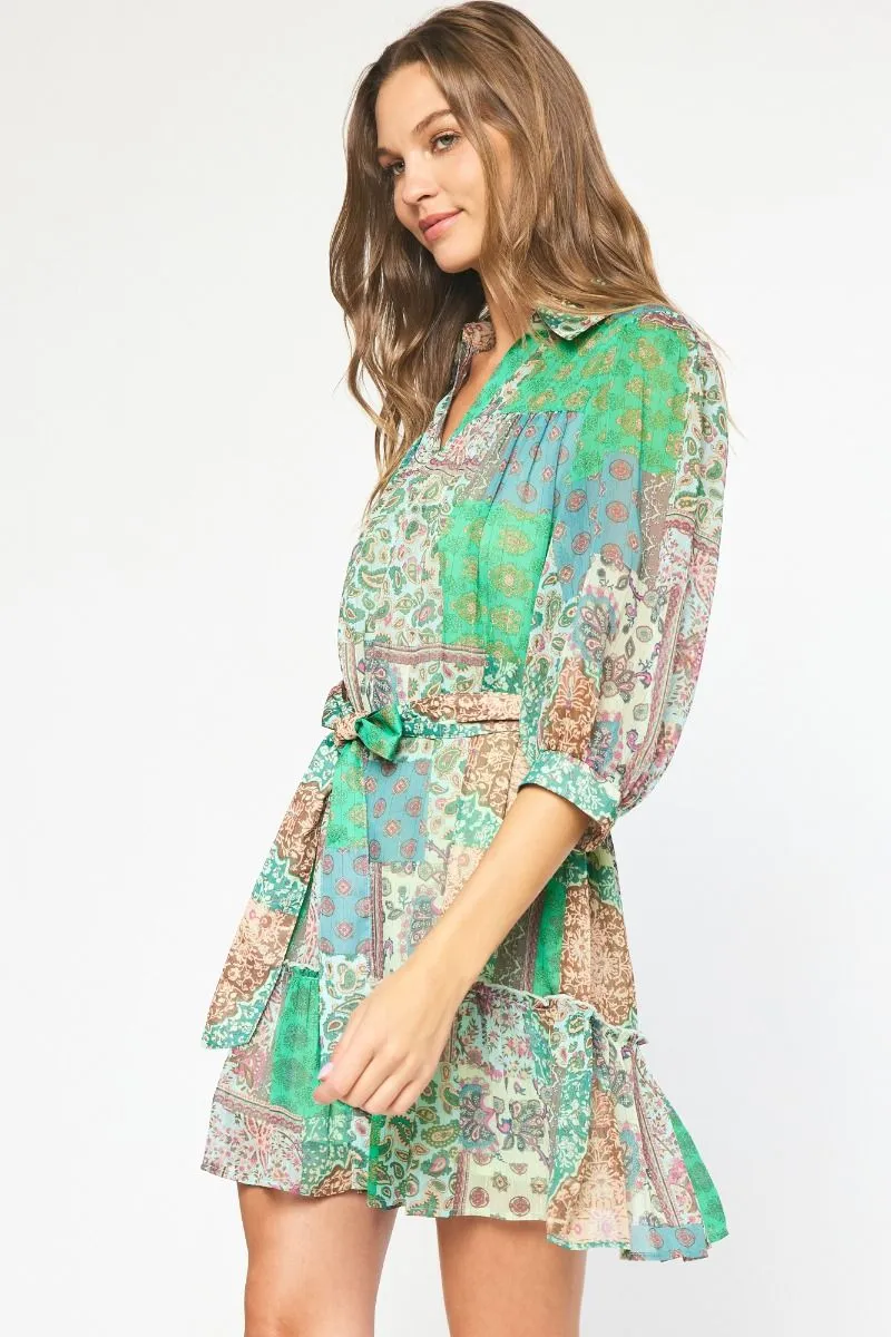 Entro Green Mixed Print Paisley Mini Dress With Belt