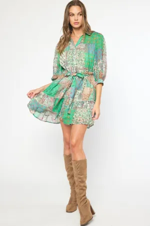 Entro Green Mixed Print Paisley Mini Dress With Belt