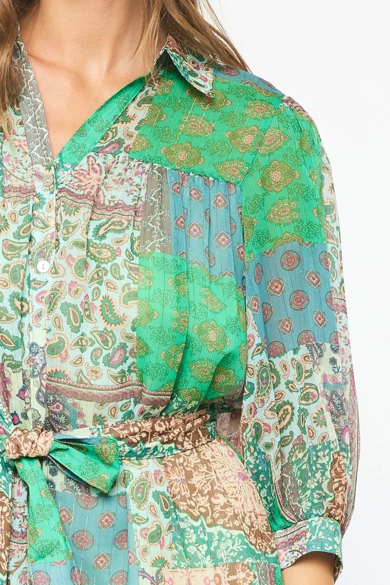 Entro Green Mixed Print Paisley Mini Dress With Belt