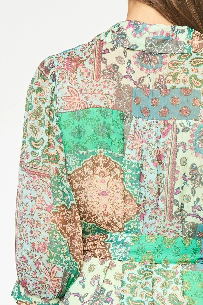 Entro Green Mixed Print Paisley Mini Dress With Belt