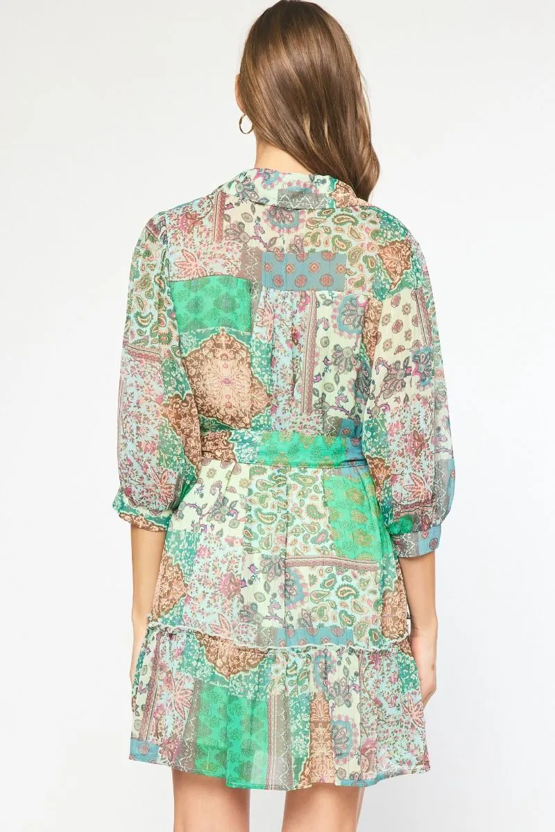Entro Green Mixed Print Paisley Mini Dress With Belt