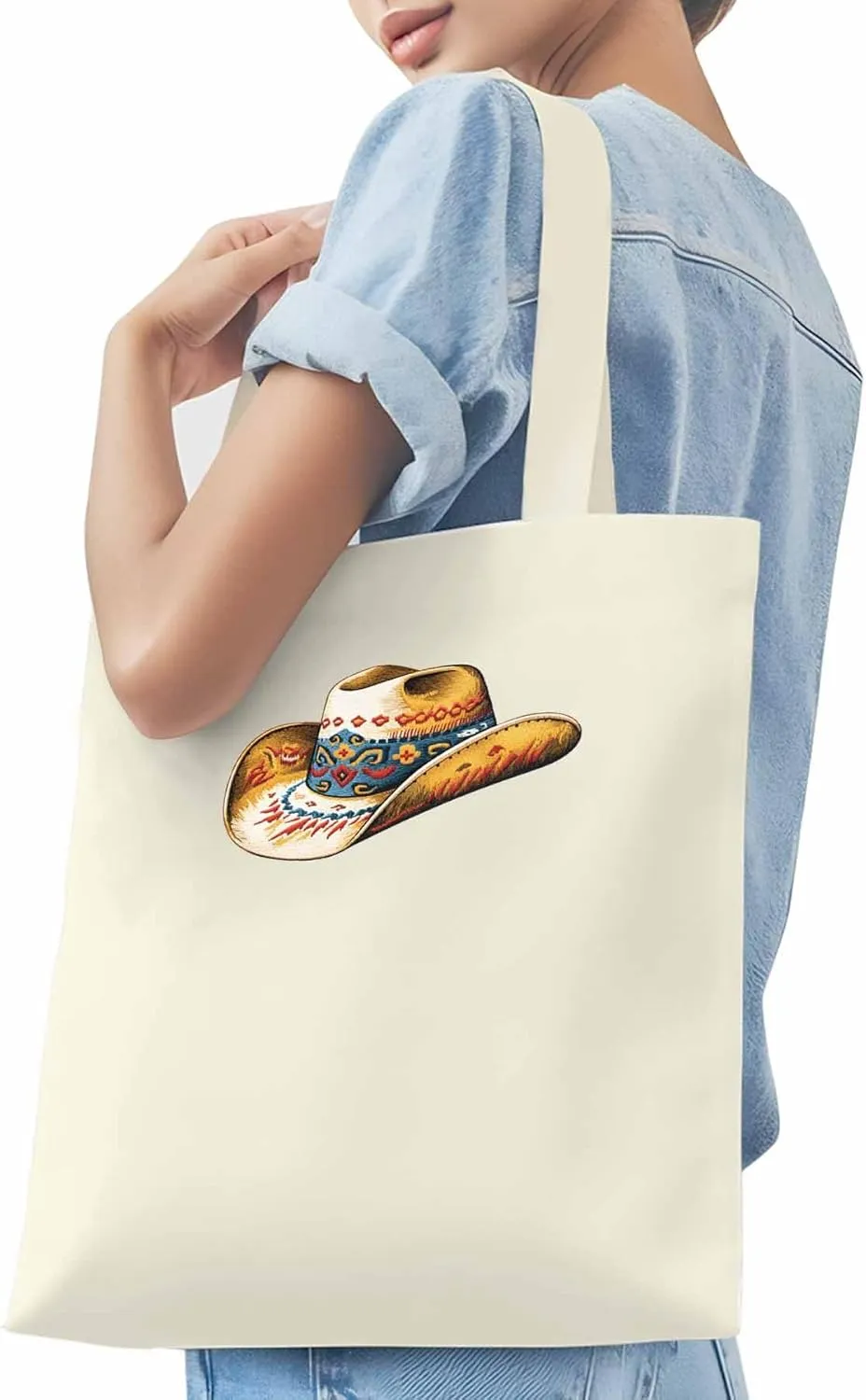 Farmhouse Cowboy Hat Boho Canvas Tote Bag, Aesthetic Canvas Tote Handbags for Women Shoulder Bag