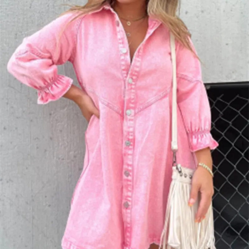 Fashion Loose Washed-Out Denim Shirt Dress