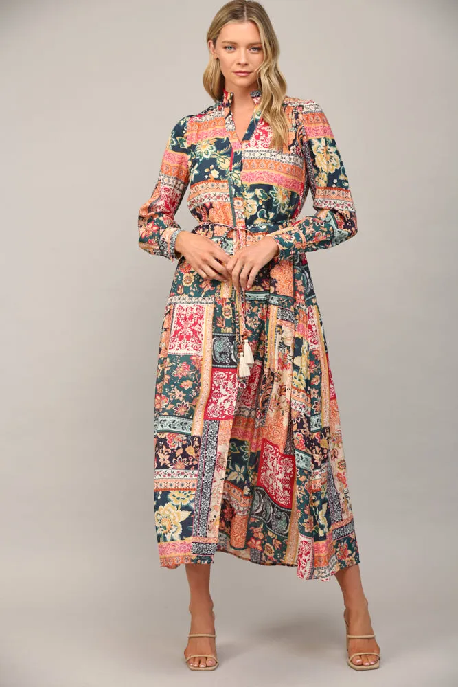 Fate Bohemian Patchwork Print Button Front Maxi Dress In Teal Multi