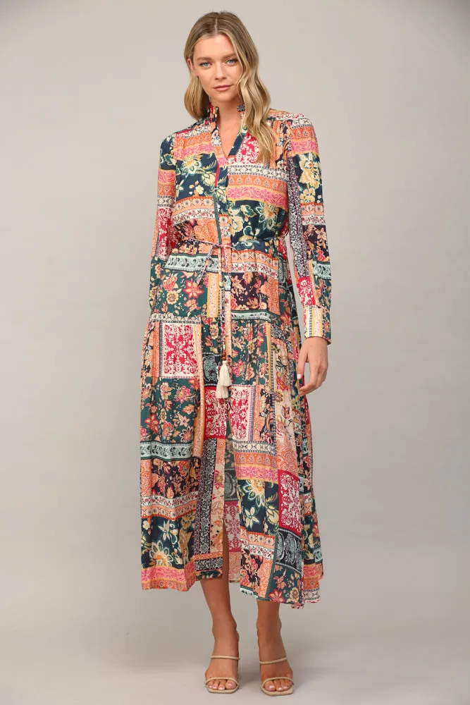 Fate Bohemian Patchwork Print Button Front Maxi Dress In Teal Multi