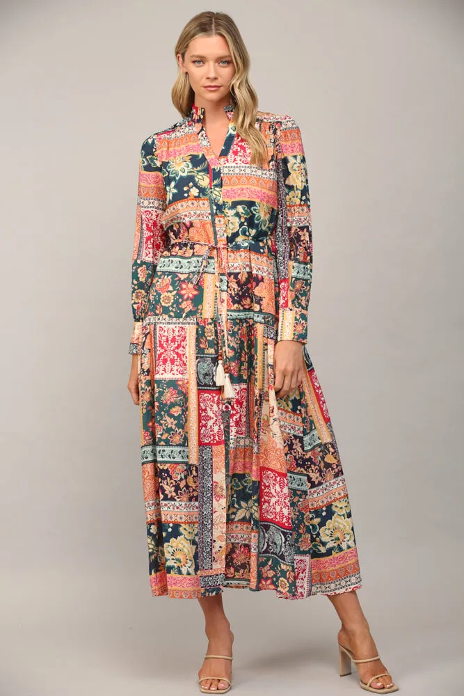 Fate Bohemian Patchwork Print Button Front Maxi Dress In Teal Multi