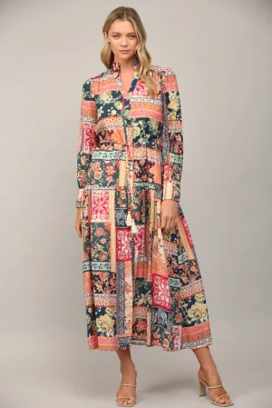 Fate Bohemian Patchwork Print Button Front Maxi Dress In Teal Multi