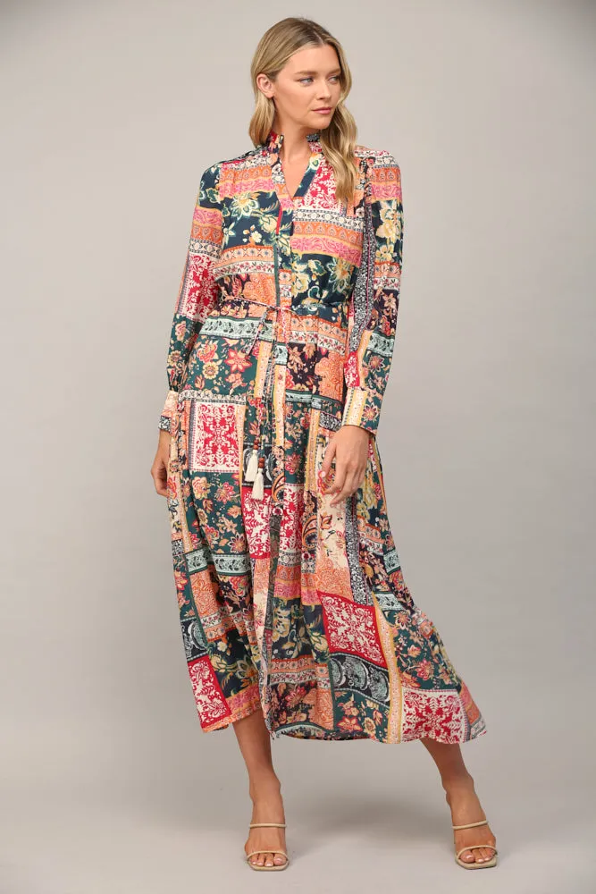 Fate Bohemian Patchwork Print Button Front Maxi Dress In Teal Multi