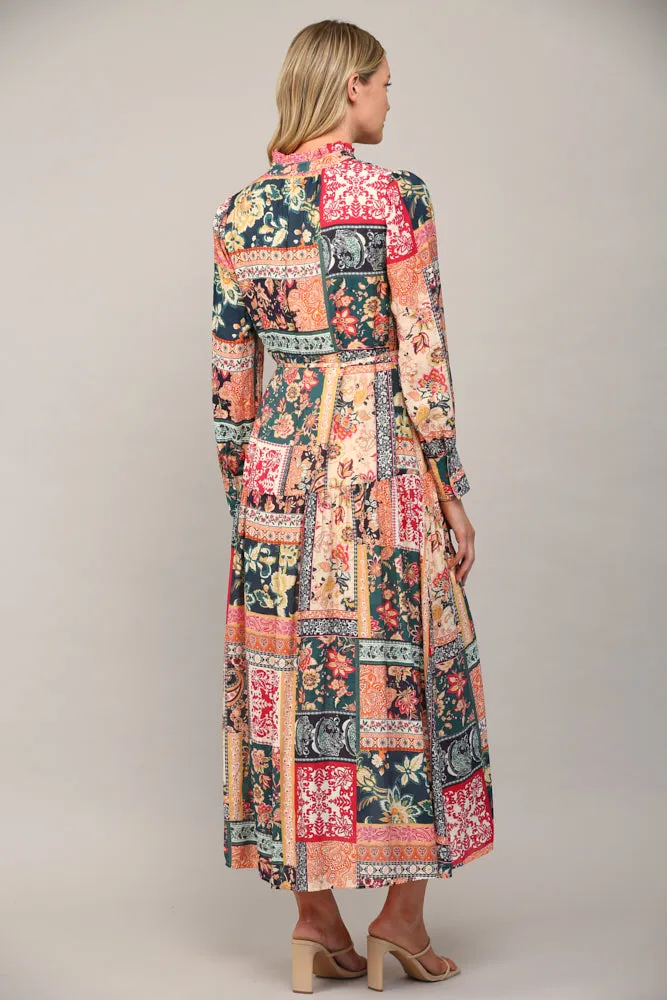 Fate Bohemian Patchwork Print Button Front Maxi Dress In Teal Multi