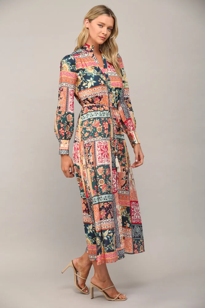 Fate Bohemian Patchwork Print Button Front Maxi Dress In Teal Multi