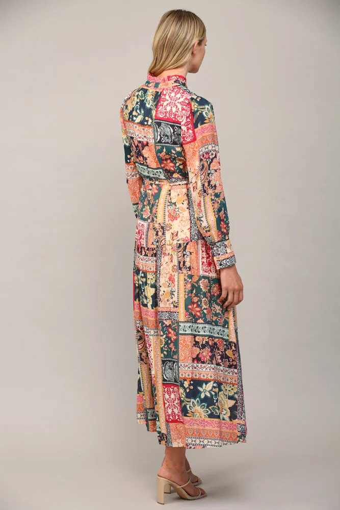 Fate Bohemian Patchwork Print Button Front Maxi Dress In Teal Multi