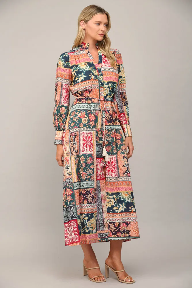 Fate Bohemian Patchwork Print Button Front Maxi Dress In Teal Multi