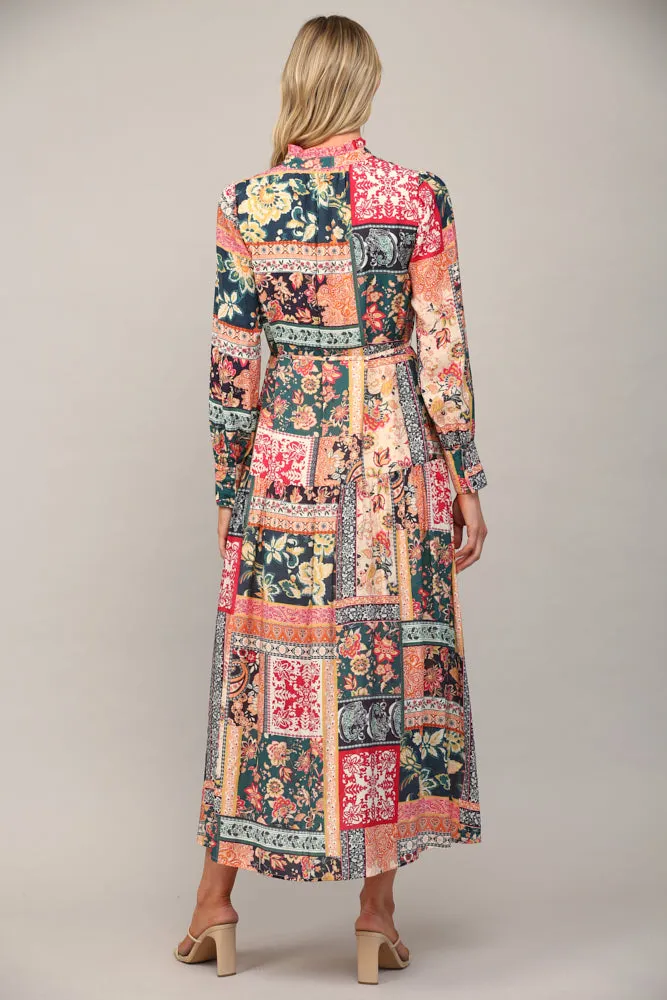 Fate Bohemian Patchwork Print Button Front Maxi Dress In Teal Multi