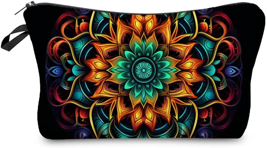 Floral Mandala Makeup Bag Cute Small Makeup Organizer Bag Travel Toiletry Zipper Pouch Birthday Christmas Gift Boho Mandala Cosmetic Bag for Women Girls Friends