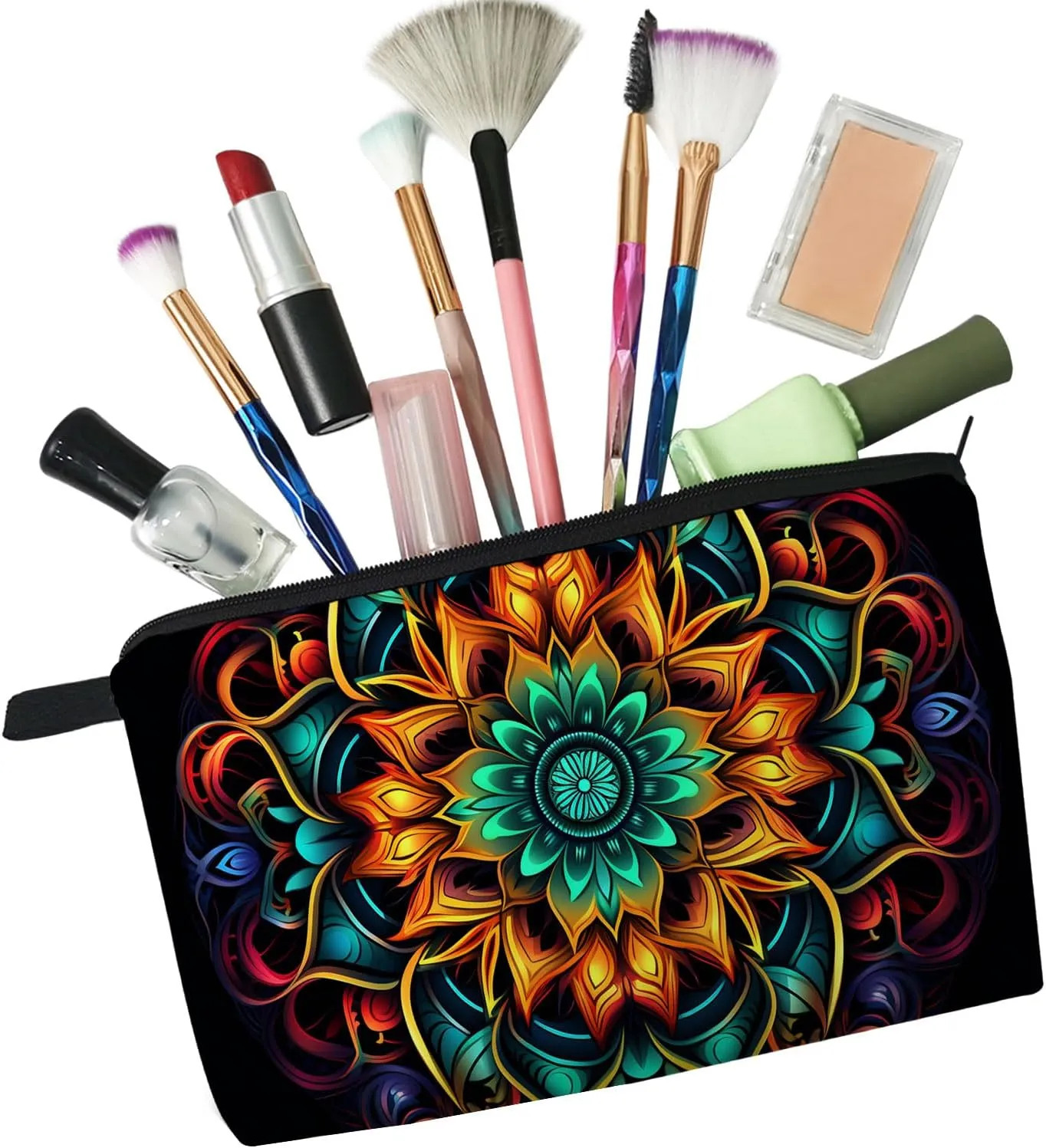 Floral Mandala Makeup Bag Cute Small Makeup Organizer Bag Travel Toiletry Zipper Pouch Birthday Christmas Gift Boho Mandala Cosmetic Bag for Women Girls Friends