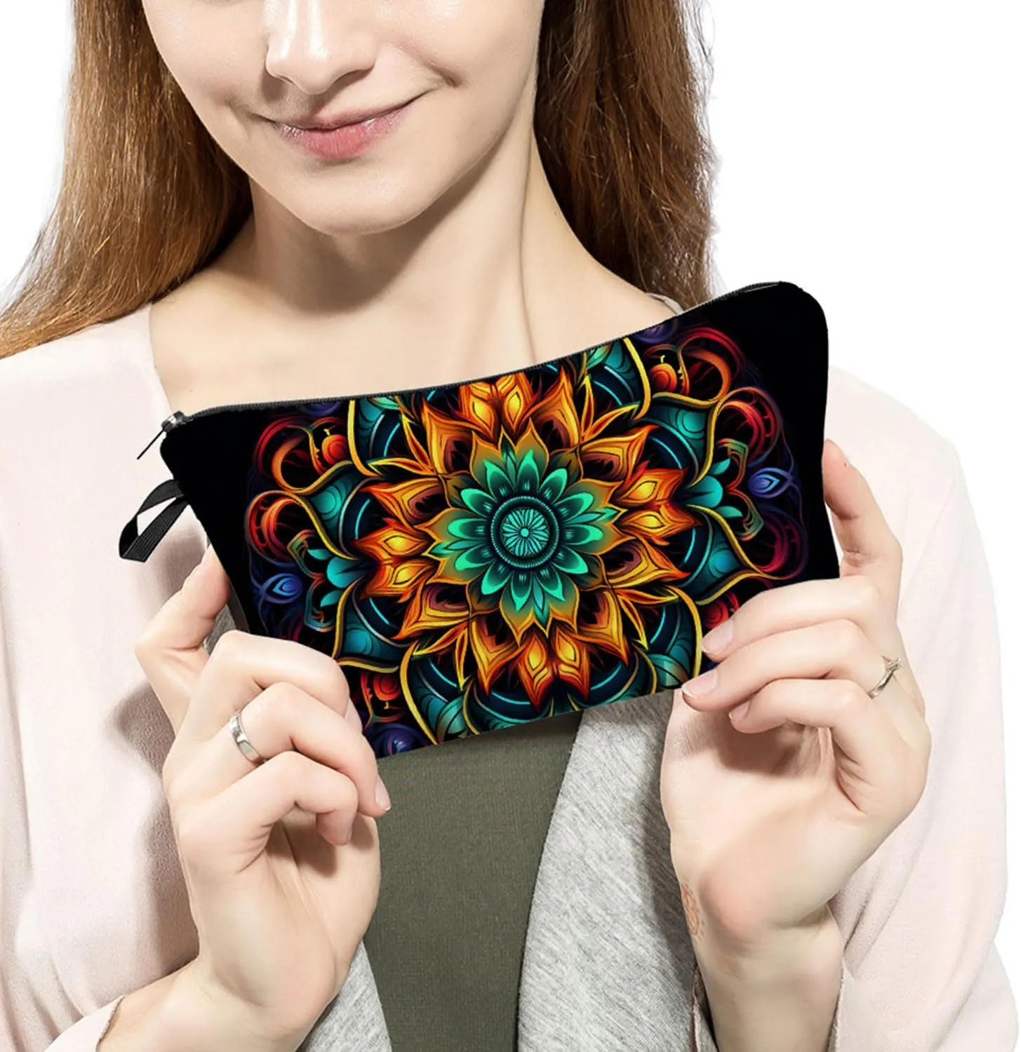 Floral Mandala Makeup Bag Cute Small Makeup Organizer Bag Travel Toiletry Zipper Pouch Birthday Christmas Gift Boho Mandala Cosmetic Bag for Women Girls Friends