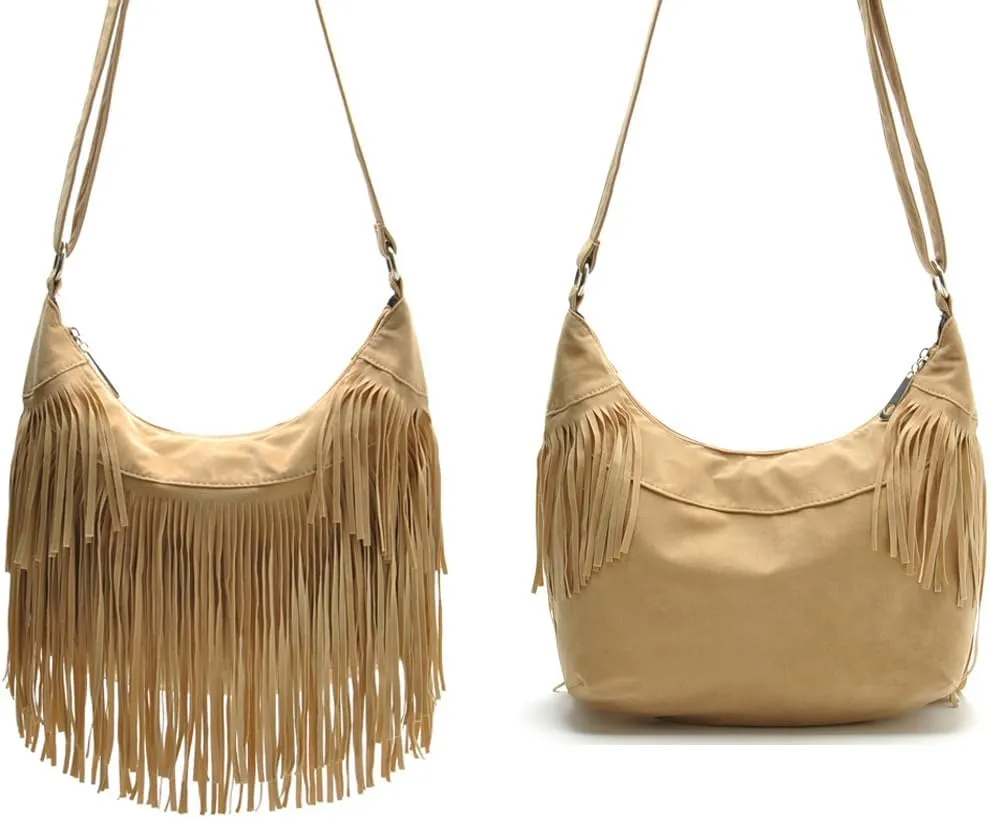 Fringe Crossbody Bag for Women Vintage canvas Hobo Purse Handbags Shoulder Bag Boho Messenger Bags Zip Satchel Bag