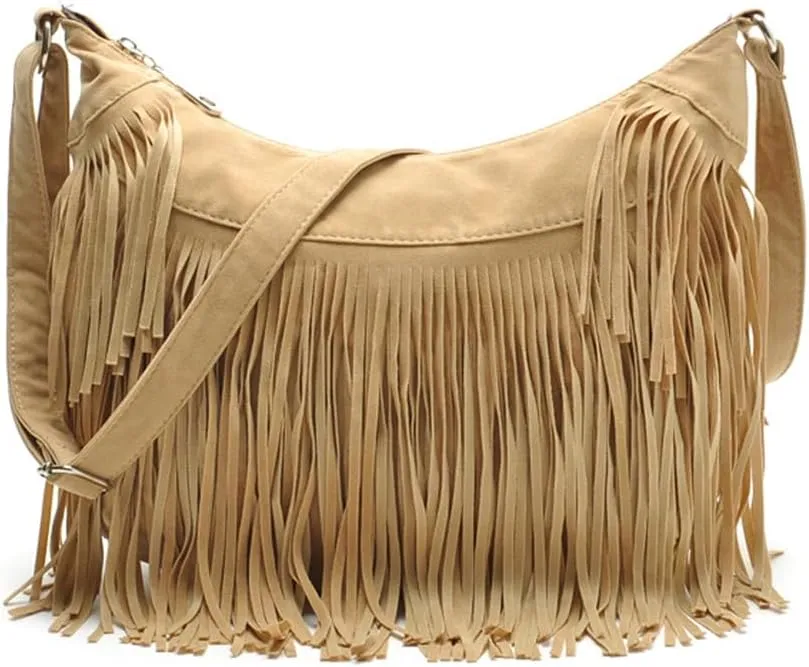 Fringe Crossbody Bag for Women Vintage canvas Hobo Purse Handbags Shoulder Bag Boho Messenger Bags Zip Satchel Bag