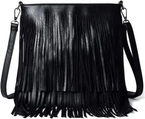 Fringe PU Leather Crossbody for Women Satchel Handbag Shoulder Hobo Purse Tassel Boho Bags Handbag