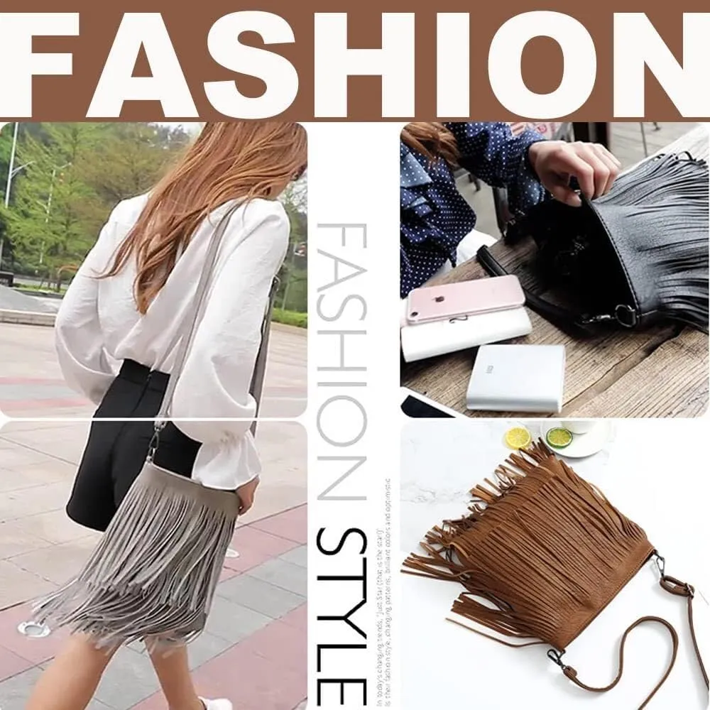 Fringe PU Leather Crossbody for Women Satchel Handbag Shoulder Hobo Purse Tassel Boho Bags Handbag