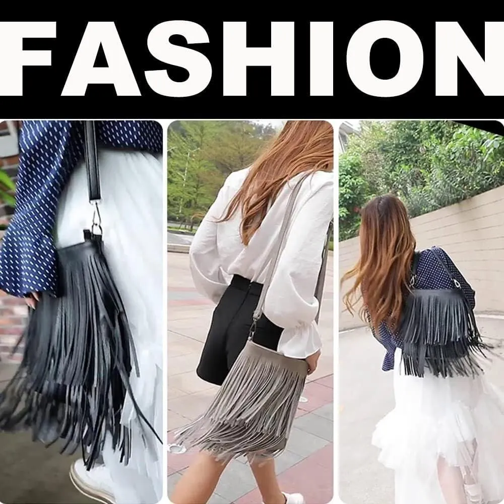 Fringe PU Leather Crossbody for Women Satchel Handbag Shoulder Hobo Purse Tassel Boho Bags Handbag