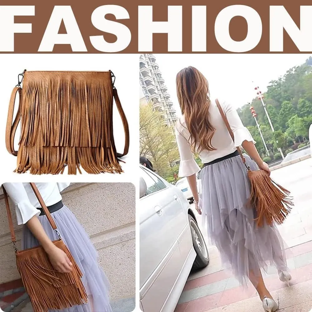 Fringe PU Leather Crossbody for Women Satchel Handbag Shoulder Hobo Purse Tassel Boho Bags Handbag