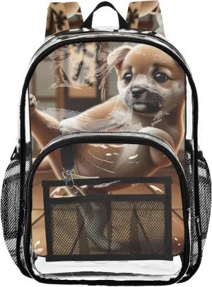 Funny Puppy Dog Kung Fu Kicking Clear Backpack for Women Boys Backpacks for Girls Clear School Shoulder Bag