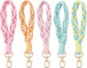 GLOBLELAND 5Pcs 5 Colors 7inch Boho Macrame Wristlet Keychain for Car Keys Eye Knitting Flowers Keychain Floral Wrist Lanyard Pendant for Purse Handbags Wallet Backpack Car Key