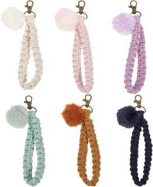 GLOBLELAND 6Pcs 6 Colors Pom Pom Ball Boho Macrame Wristlet Keychain Handmade Knitted Wrist Lanyard Pendant Decorations with Pom Pom Ball and Swivel Clasps for Keychain Making