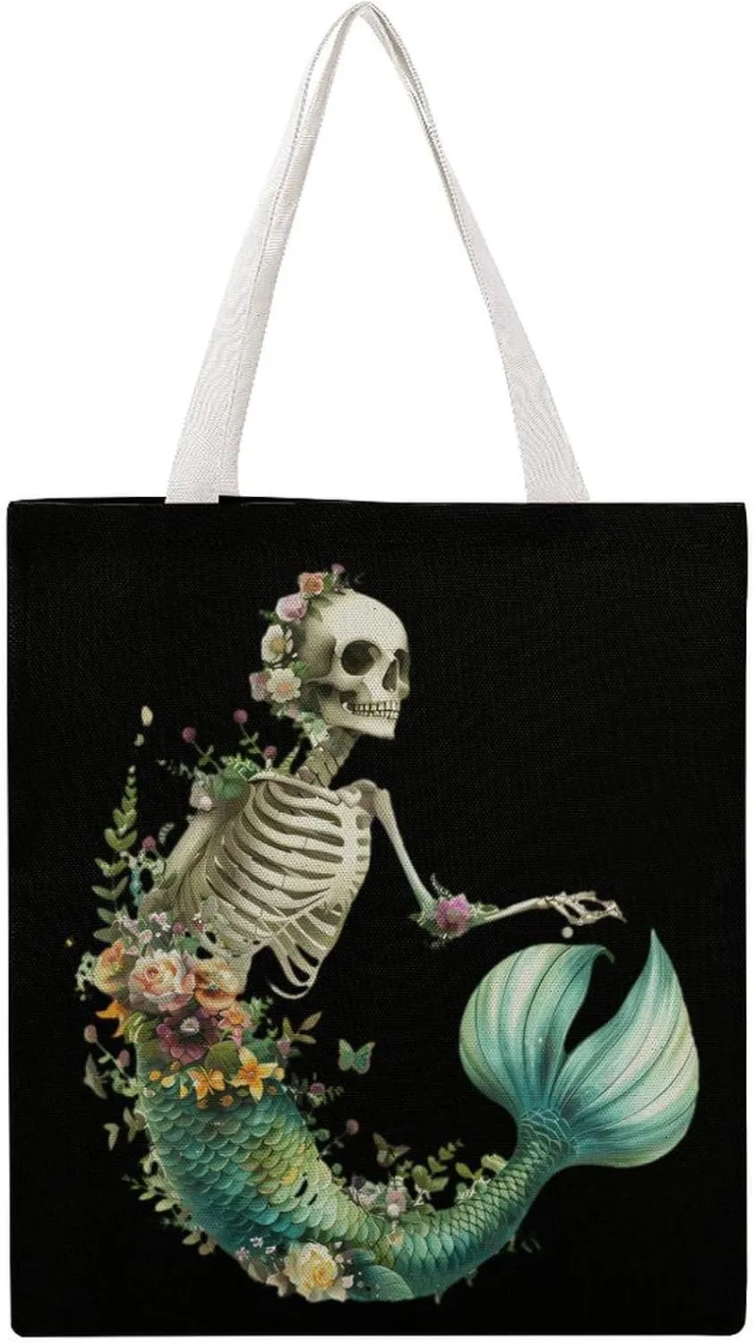 Goth Floral Butterflies Skeleton Mermaid Canvas Tote Bag Casual Handbags Grocery Shopping Purses Work Bag for Women
