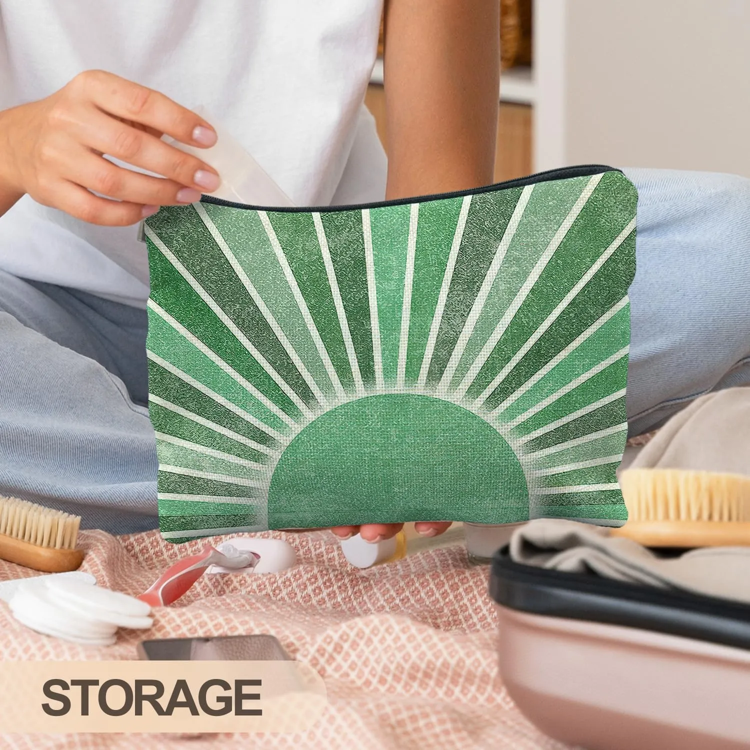 Green Boho Makeup Bag Gifts for Women, Vintage Sunshine Sun Beach Makeup Bag, Sunshine Gifts for Women