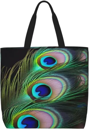 Green Peacock Feather Tote Bag for Women Hobo Handbags with Zipper Large Shoulder Bag Shopping Bags Travel Purse
