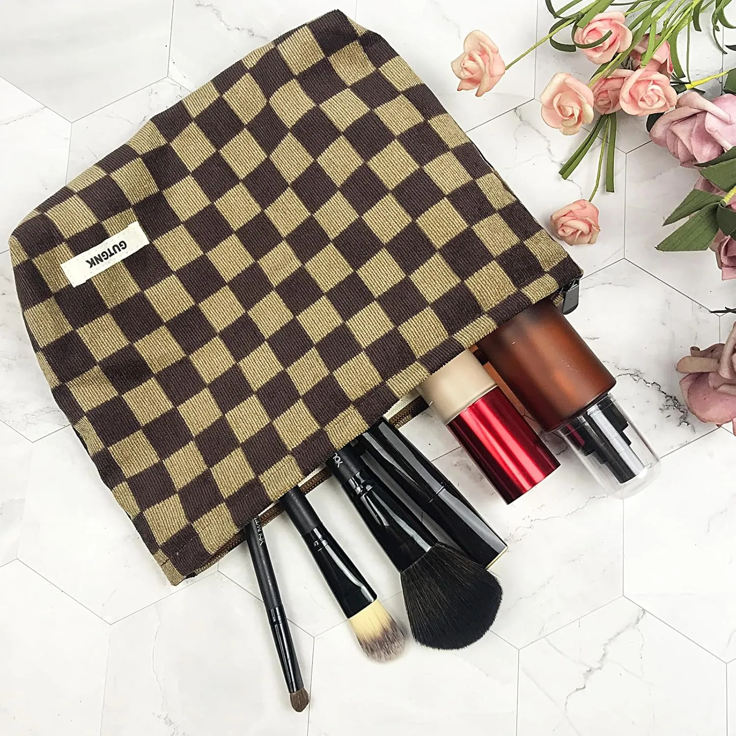 GUTGNK Women's Cosmetic Bag, Corduroy Checkerboard Travel Cosmetic Bag Small Cosmetic Bag Skin Care Cosmetic Changing Handy Bag Zipper Organizer